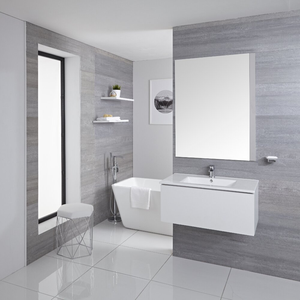 Mueble de Lavabo Mural Moderno de 800mm Color Blanco Opaco con Lavabo Integrado para Baño Disponible con Opción LED - Newington