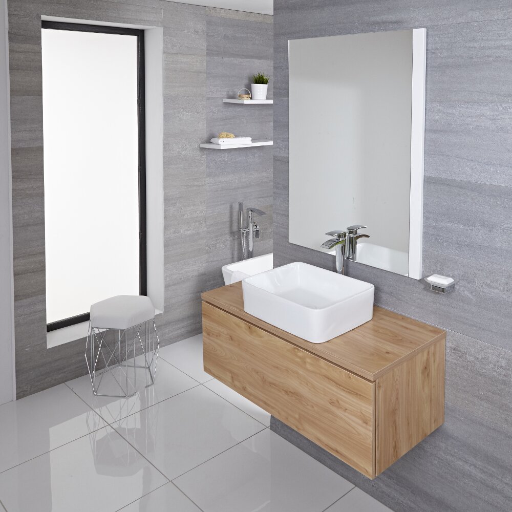 Mueble de Lavabo Mural de 1000mm de Color Roble Dorado con Lavabo de Sobre Encimera Cuadrado para Baño Disponible con Opción LED - Newington