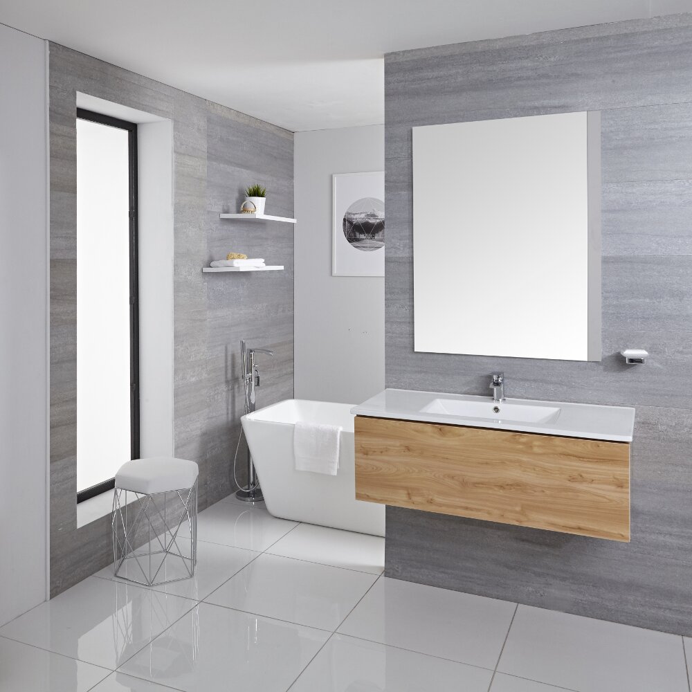 Mueble de Lavabo Mural Moderno de 1000mm Color Roble Dorado con Lavabo Integrado para Baño Disponible con Opción LED - Newington