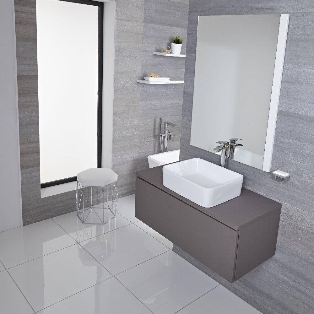 Mueble de Lavabo Mural de 1000mm de Color Gris Opaco con Lavabo de Sobre Encimera Cuadrado para Baño Disponible con Opción LED - Newington