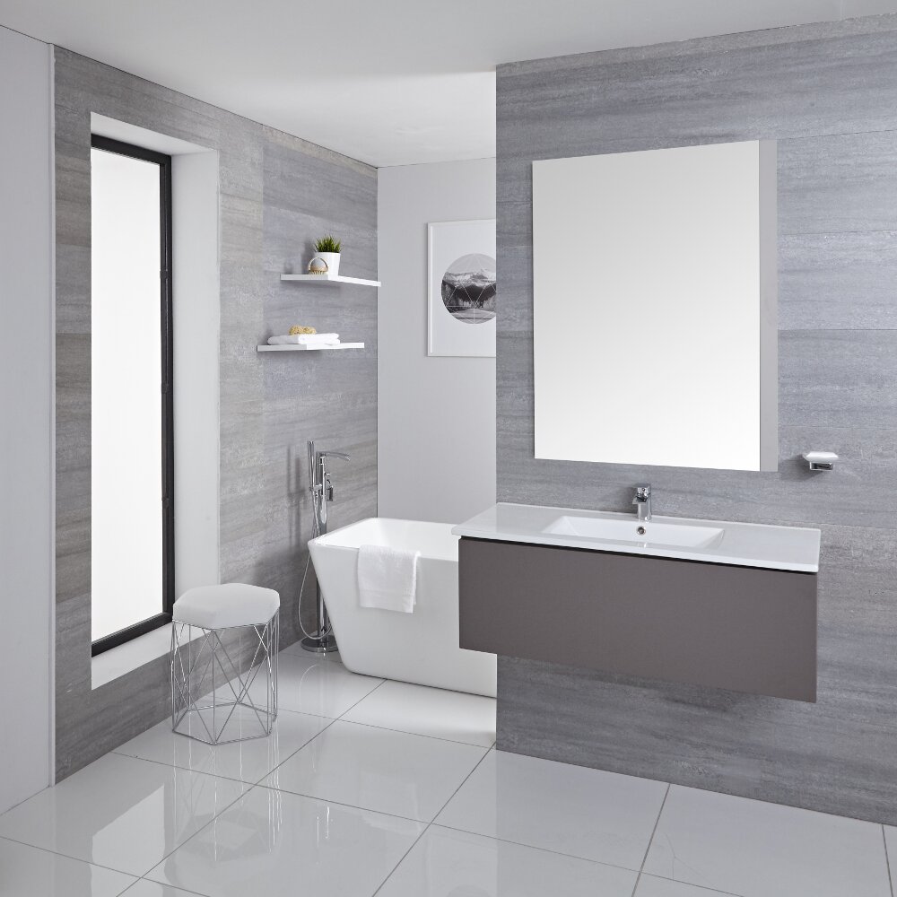 Mueble de Lavabo Mural Moderno de 1000mm Color Gris Opaco con Lavabo Integrado para Baño Disponible con Opción LED - Newington