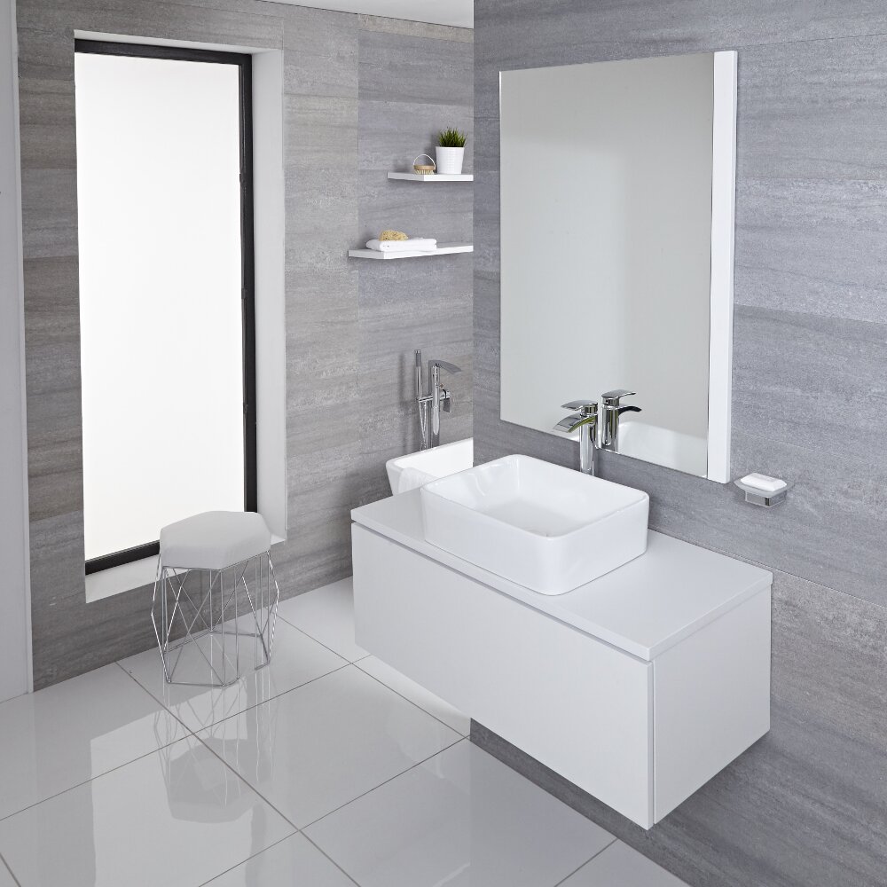 Mueble de Lavabo Mural de 1000mm de Color Blanco Opaco con Lavabo de Sobre Encimera Cuadrado para Baño Disponible con Opción LED - Newington