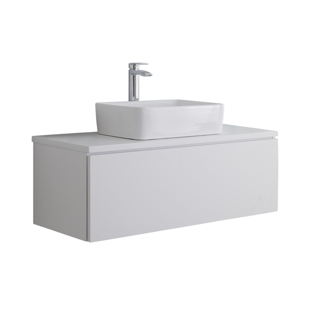Mueble de Lavabo Mural de 1000mm de Color Blanco Opaco con Lavabo de Sobre Encimera Cuadrado para Baño - Newington