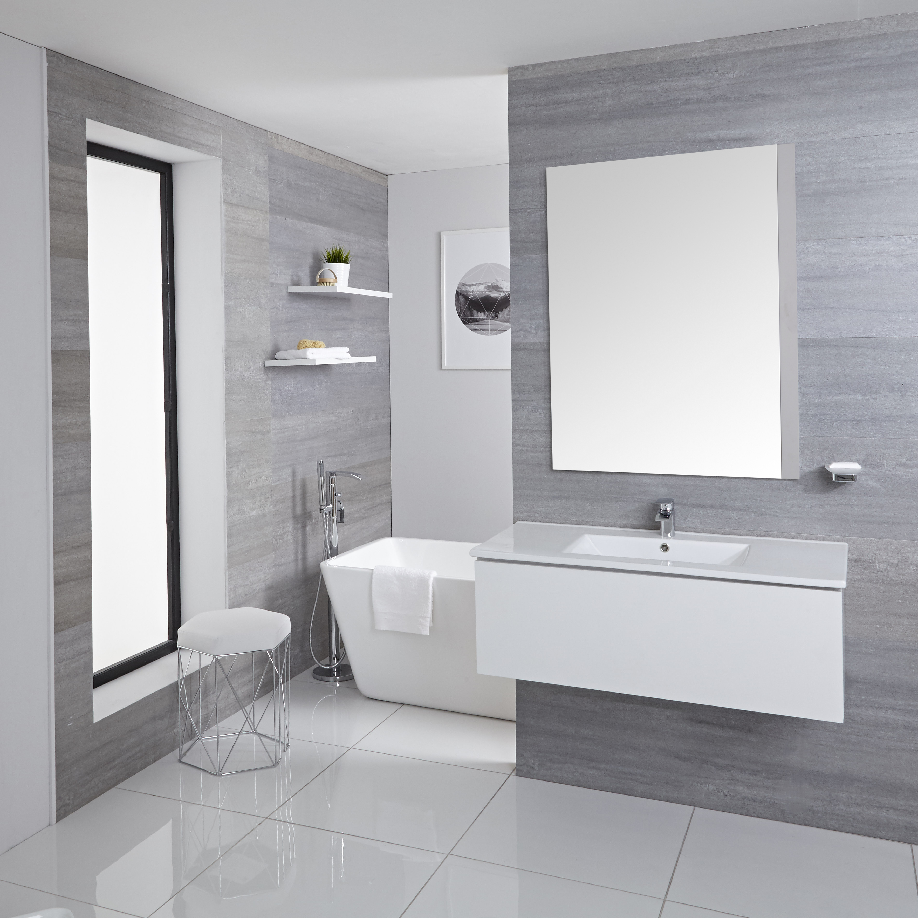 Mueble de Lavabo Mural Moderno de 1000mm Color Blanco Opaco con Lavabo Integrado para Baño Disponible con Opción LED - Newington