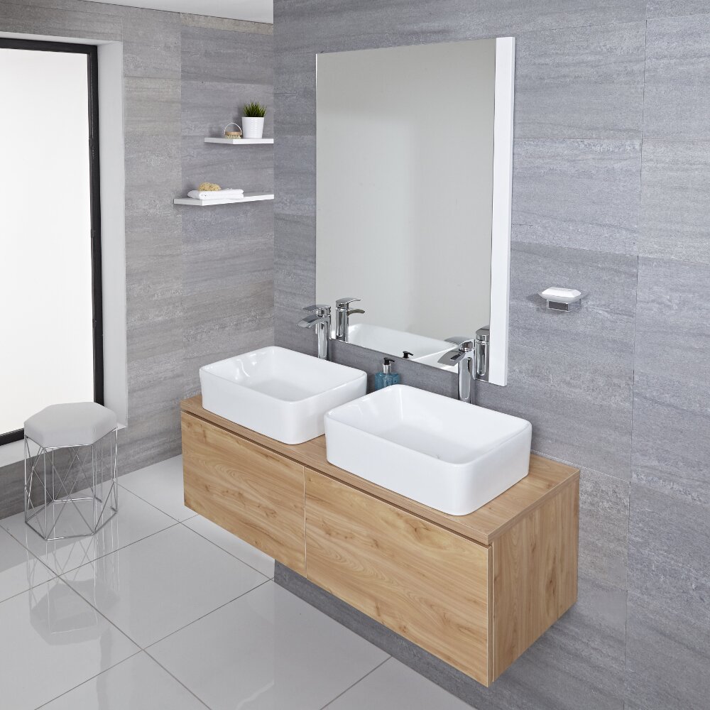 Mueble de Lavabo Mural Moderno de 1200mm Color Roble Dorado con Lavabo de Sobre Encimera Cuadrado Disponible con Opción LED - Newington
