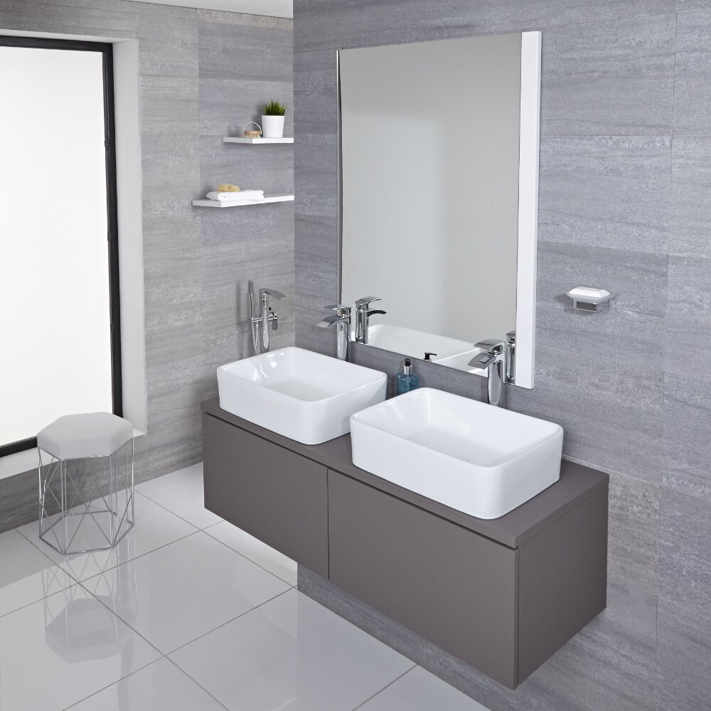 Mueble de Lavabo Mural Moderno de 1200mm Color Gris Opaco con Lavabo de Sobre Encimera Cuadrado Disponible con Opción LED - Newington