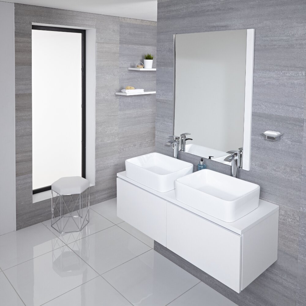 Mueble de Lavabo Mural Moderno de 1200mm Color Blanco Opaco con Lavabo de Sobre Encimera Cuadrado Disponible con Opción LED- Newington