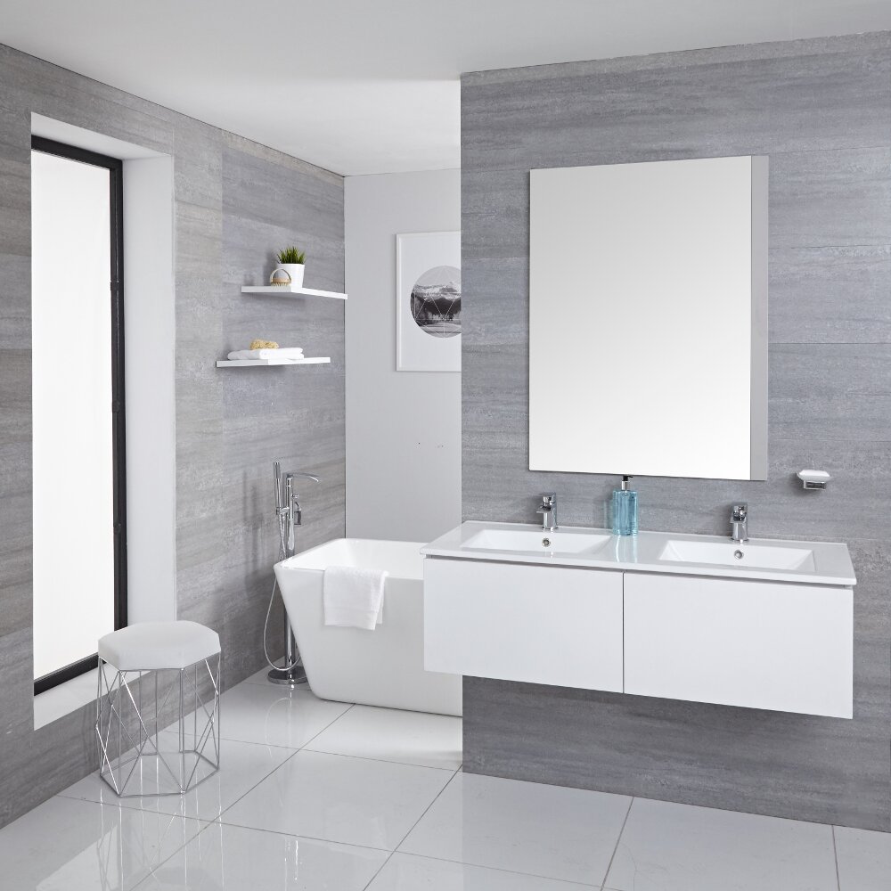 Mueble de Lavabo Mural Moderno de 1200mm Color Blanco Opaco con Lavabo Doble Integrado para Baño Disponible con Opción LED - Newington