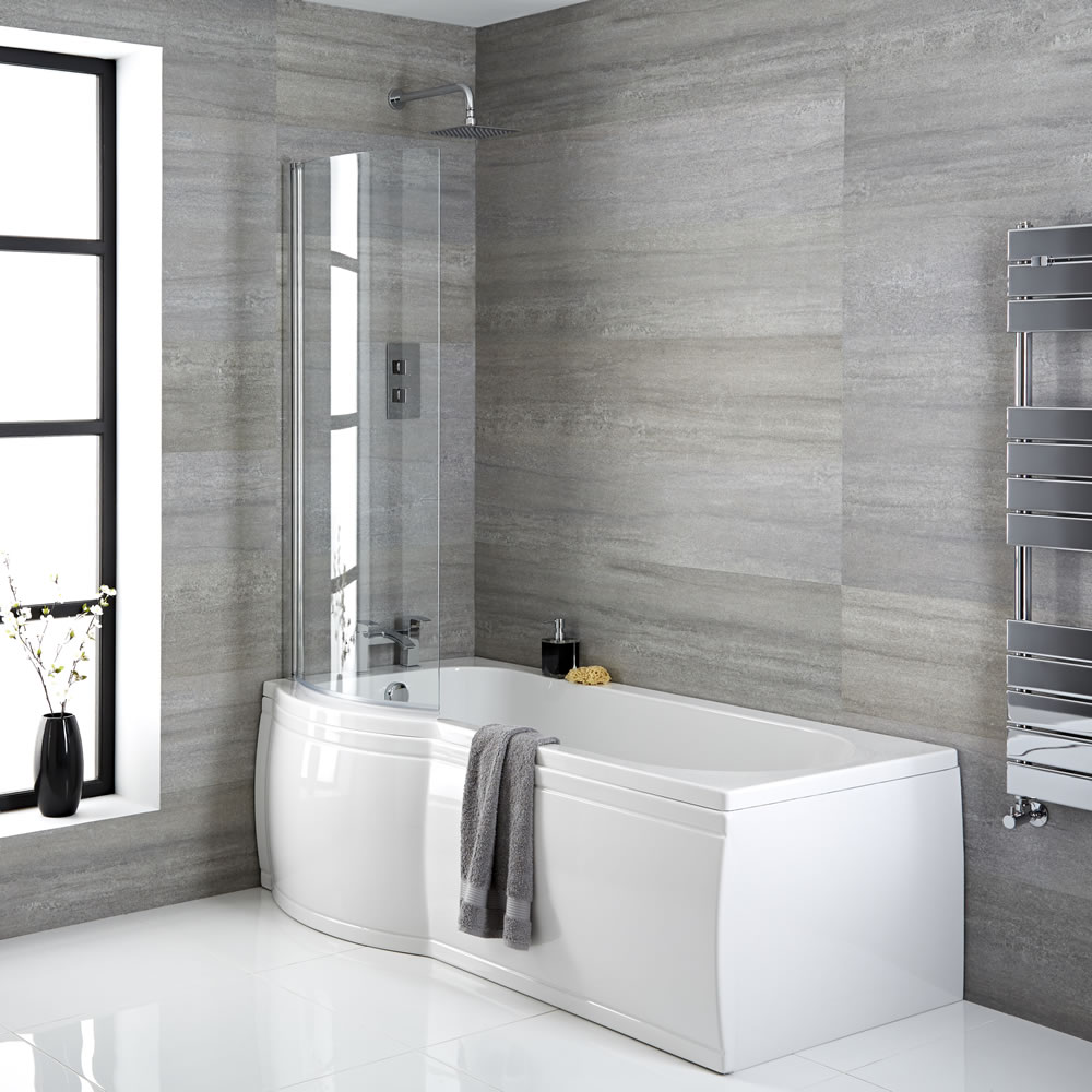 Conjunto con Bañera Asimétrica Curva, Faldones de Bañera 1650mm y Mampara – Izquierda