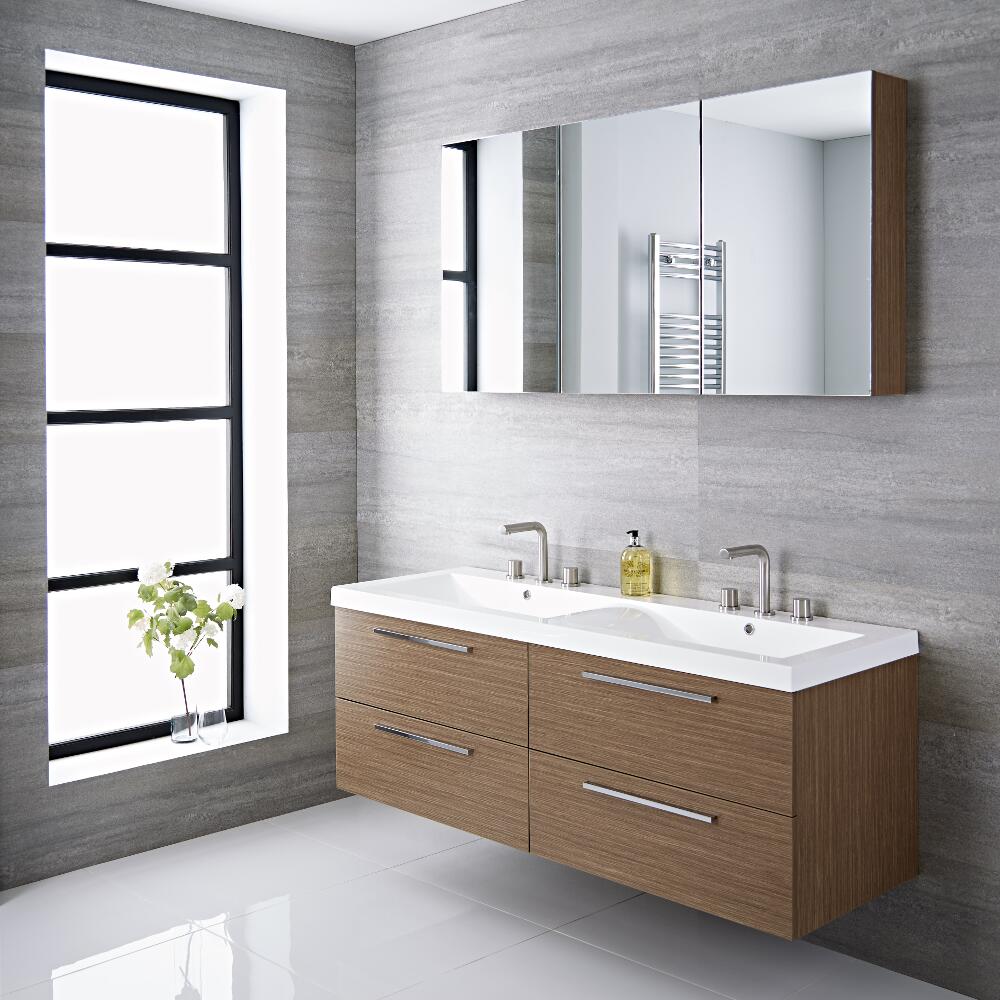 Mueble de Lavabo Suspendido Doble con Acabado Color Efecto Roble 1440x510x550mm con Lavabo Integrado - Langley
