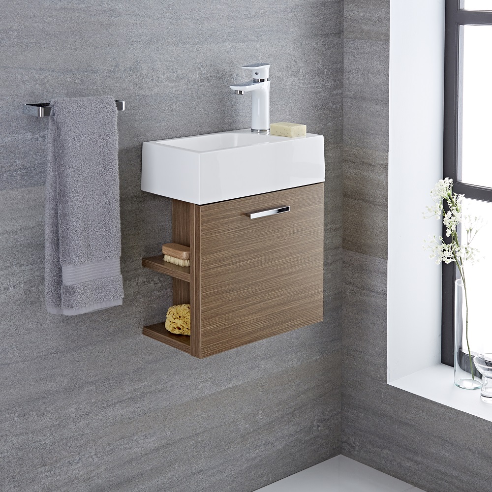 Mueble de Lavabo Suspendido con Acabado Color Efecto Roble 400x200x465mm con Lavabo Integrado - Langley