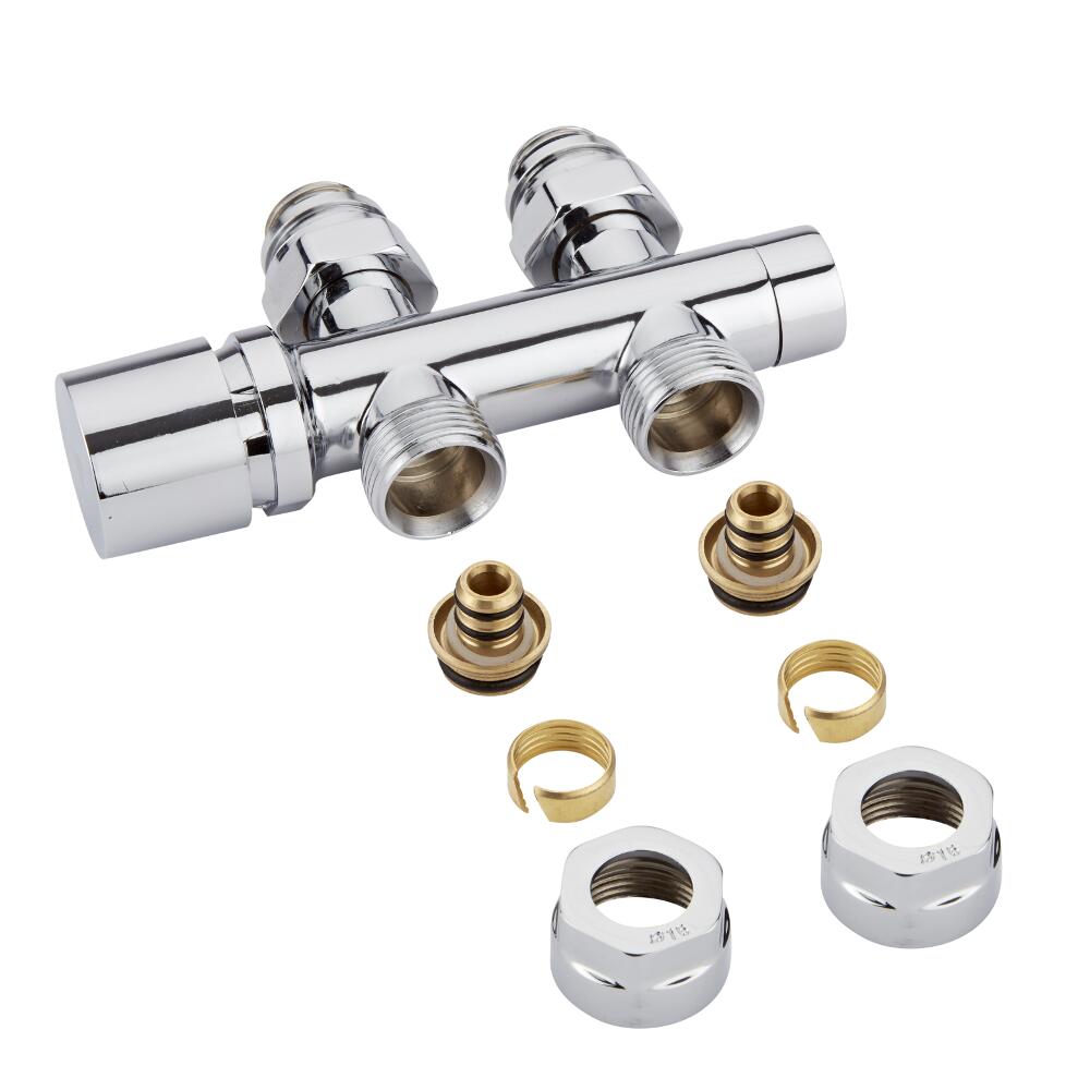 Llaves Rectas Cromadas para Radiador y Toallero de 3/4” con Adaptadores para Tubos de 16mm - Multiblock H