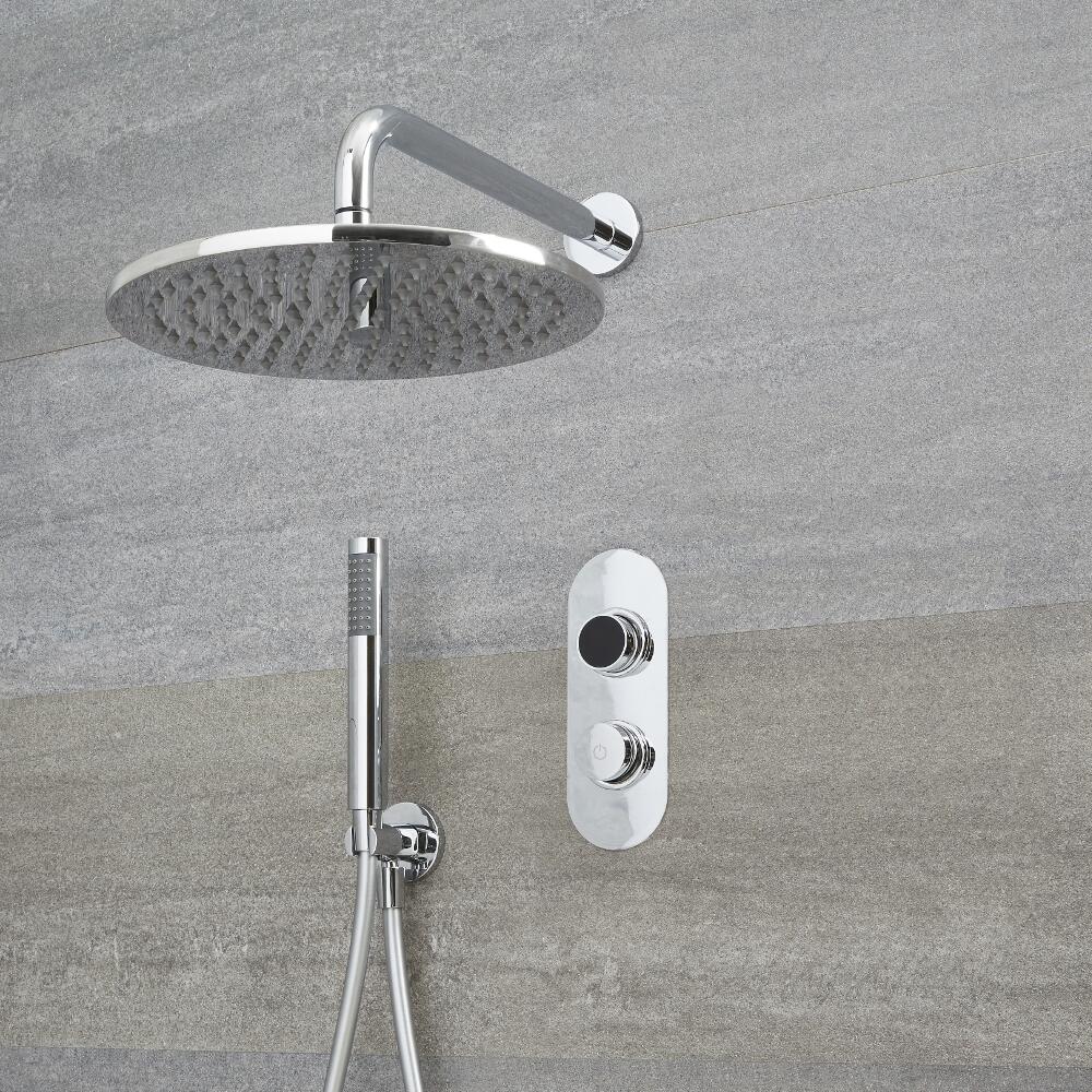 Ducha Digital con Sistema de Control de 2 Salidas con Alcachofa de Ducha Redonda de 300mm, Brazo de Techo Mural y Telefonillo de Ducha - Narus