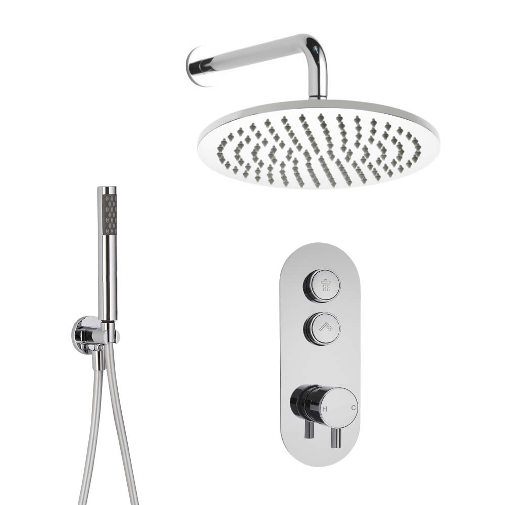 Conjunto de Ducha de 2 Salidas Completo con Mezclador de Ducha con Botones a Presión, Alcachofa Efecto Lluvia y Ducha de Mano - Idro