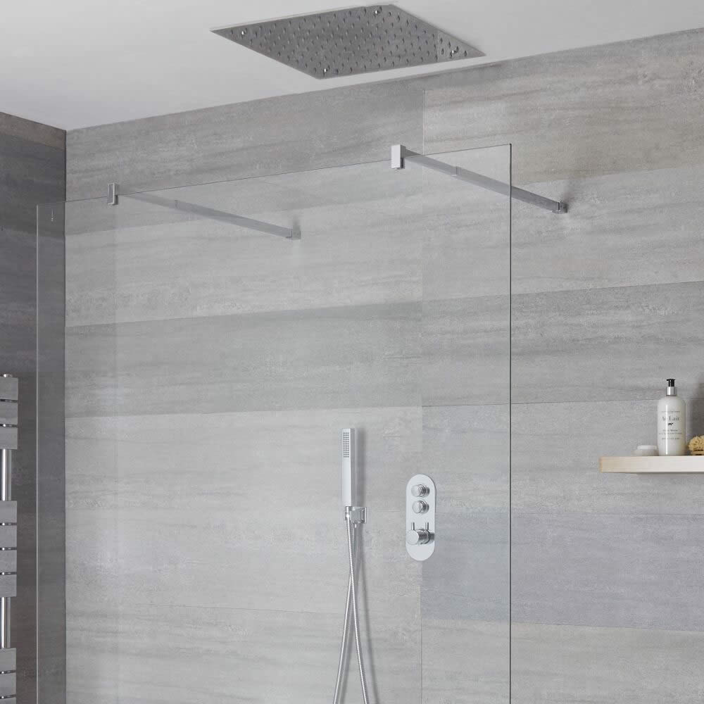 Conjunto de Ducha de 2 Salidas Completo con Mezclador de Ducha con Botones a Presión, Alcachofa de Ducha Cuadrada Empotrable de 400mm y Ducha de Mano - Idro