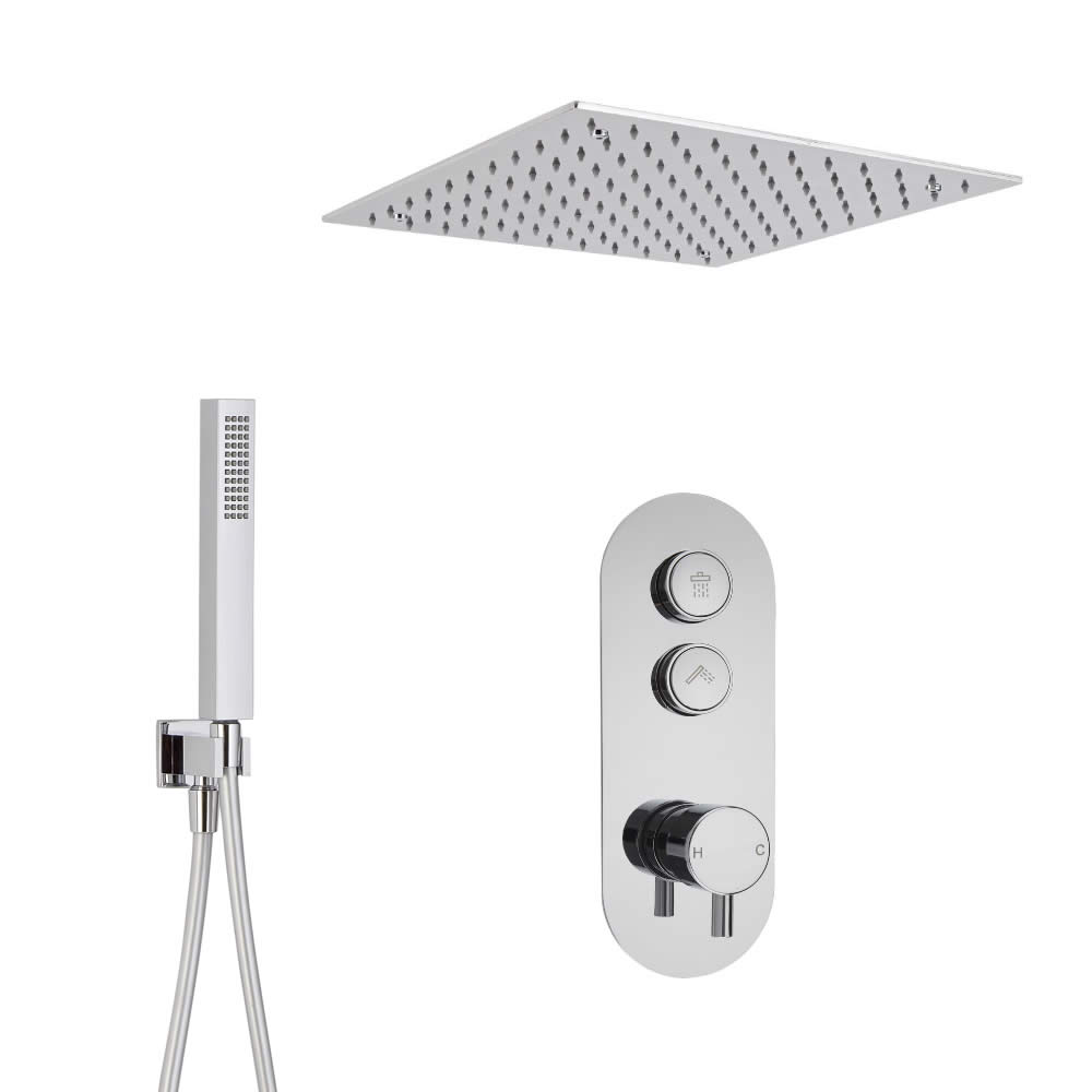 Conjunto de Ducha de 2 Salidas Completo con Mezclador de Ducha con Botones a Presión, Alcachofa de Ducha Cuadrada Empotrable de 400mm y Ducha de Mano - Idro