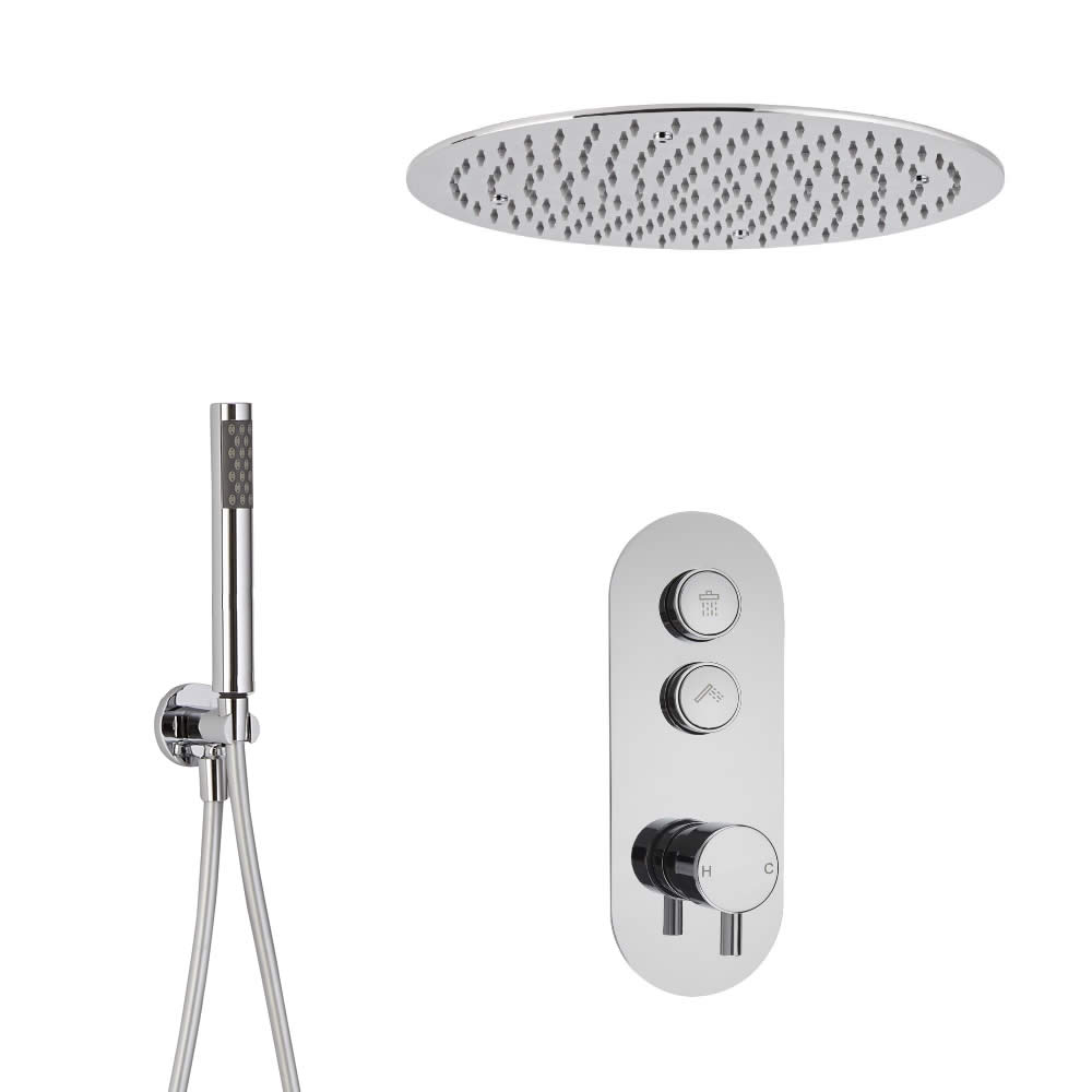 Conjunto de Ducha de 2 Salidas Completo con Mezclador de Ducha con Botones a Presión, Alcachofa de Ducha Redonda Empotrable de 400mm y Ducha de Mano - Idro