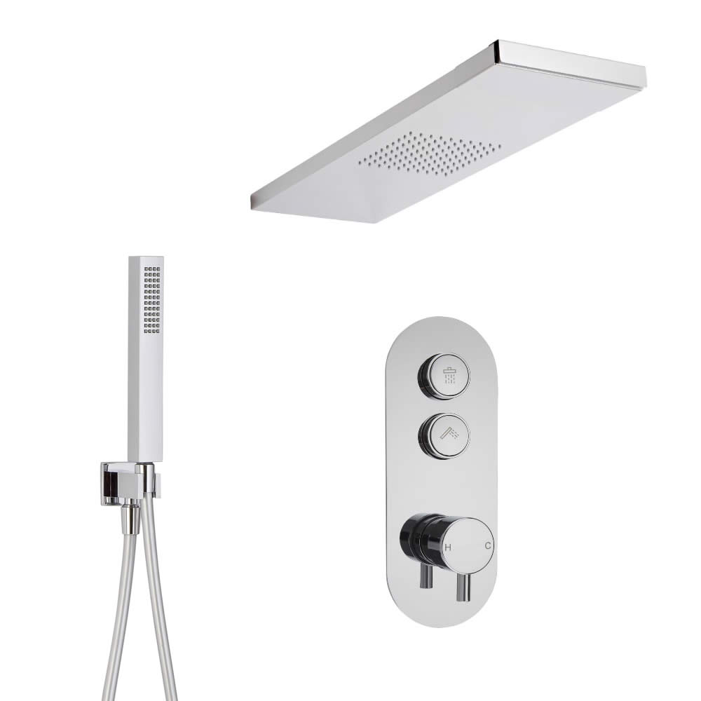 Conjunto de Ducha de 2 Salidas Completo con Mezclador de Ducha con Botones a Presión, Alcachofa de Ducha con Brazo de Soporte para Mampara 800x250mm y Ducha de Mano - Idro