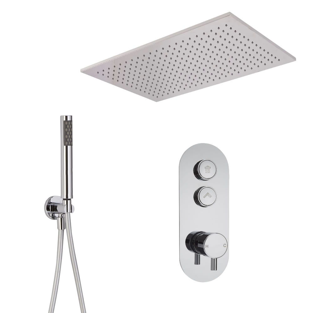 Conjunto de Ducha de 2 Salidas Completo con Mezclador de Ducha con Botones a Presión, Alcachofa de Ducha Empotrable de 800x500mm y Ducha de Mano - Idro