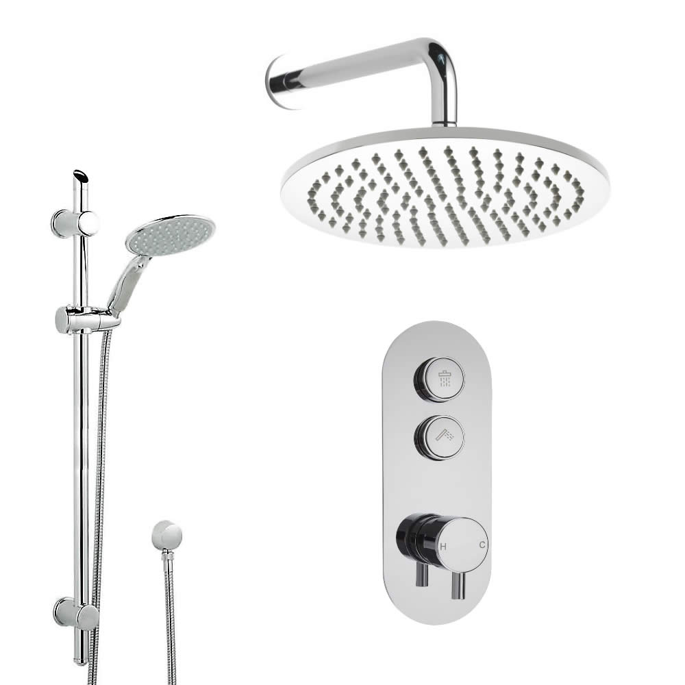 Conjunto de Ducha de 2 Salidas Completo con Mezclador de Ducha con Botones a Presión, Alcachofa de Ducha Redonda de 300mm y Kit de Ducha con Telefonillo - Idro