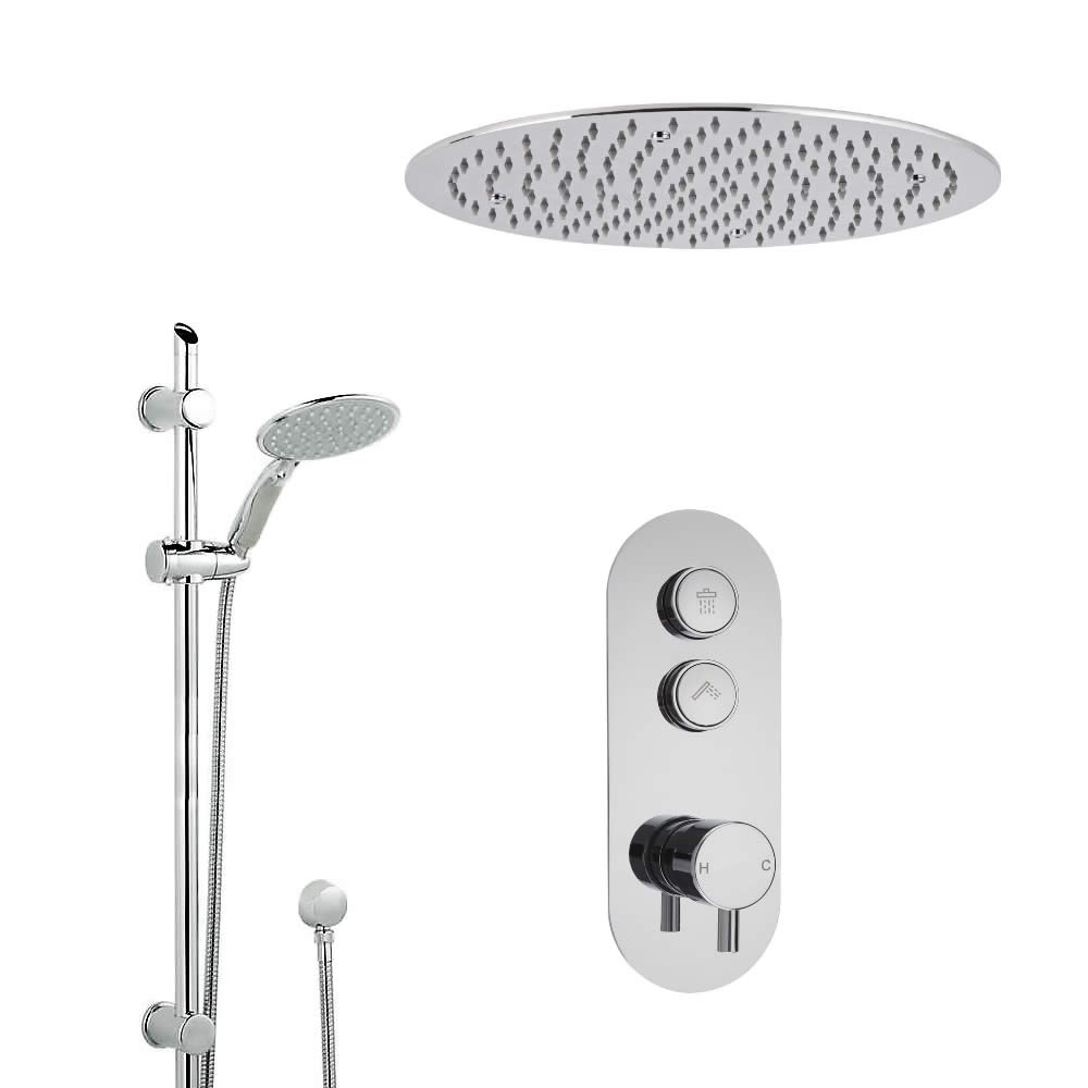 Conjunto de Ducha de 2 Salidas Completo con Mezclador de Ducha con Botones a Presión, Alcachofa de Ducha Empotrable de 400mm y Kit de Ducha con Telefonillo - Idro