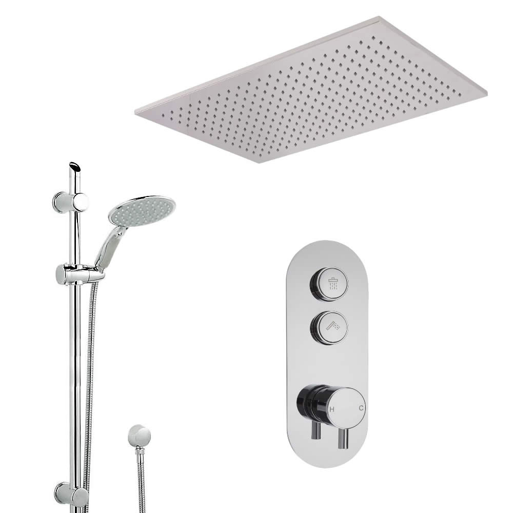 Conjunto de Ducha de 2 Salidas Completo con Mezclador de Ducha con Botones a Presión, Alcachofa de Ducha Empotrable de 800x500mm y Kit de Ducha con Telefonillo - Idro