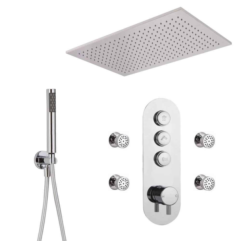 Conjunto de Ducha de 3 Salidas Completo con Mezclador de Ducha con Botones a Presión, Alcachofa de Ducha Empotrable de 800x500mm, Ducha de Mano y Jets de Ducha - Idro