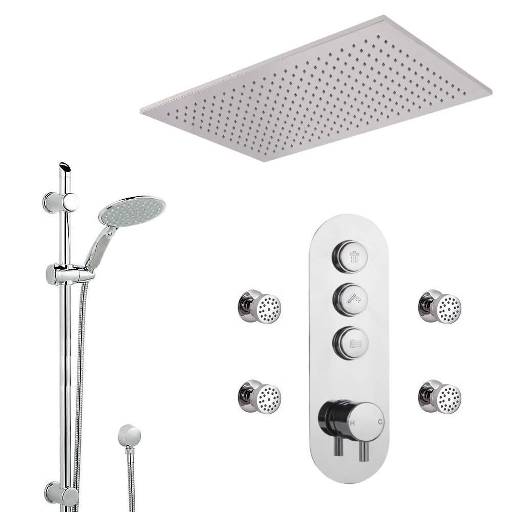Conjunto de Ducha de 3 Salidas Completo con Mezclador de Ducha con Botones a Presión, Alcachofa de Ducha Empotrable de 800x500mm, 4 Jets de Ducha y Kit de Du con Telefonillo - Idro