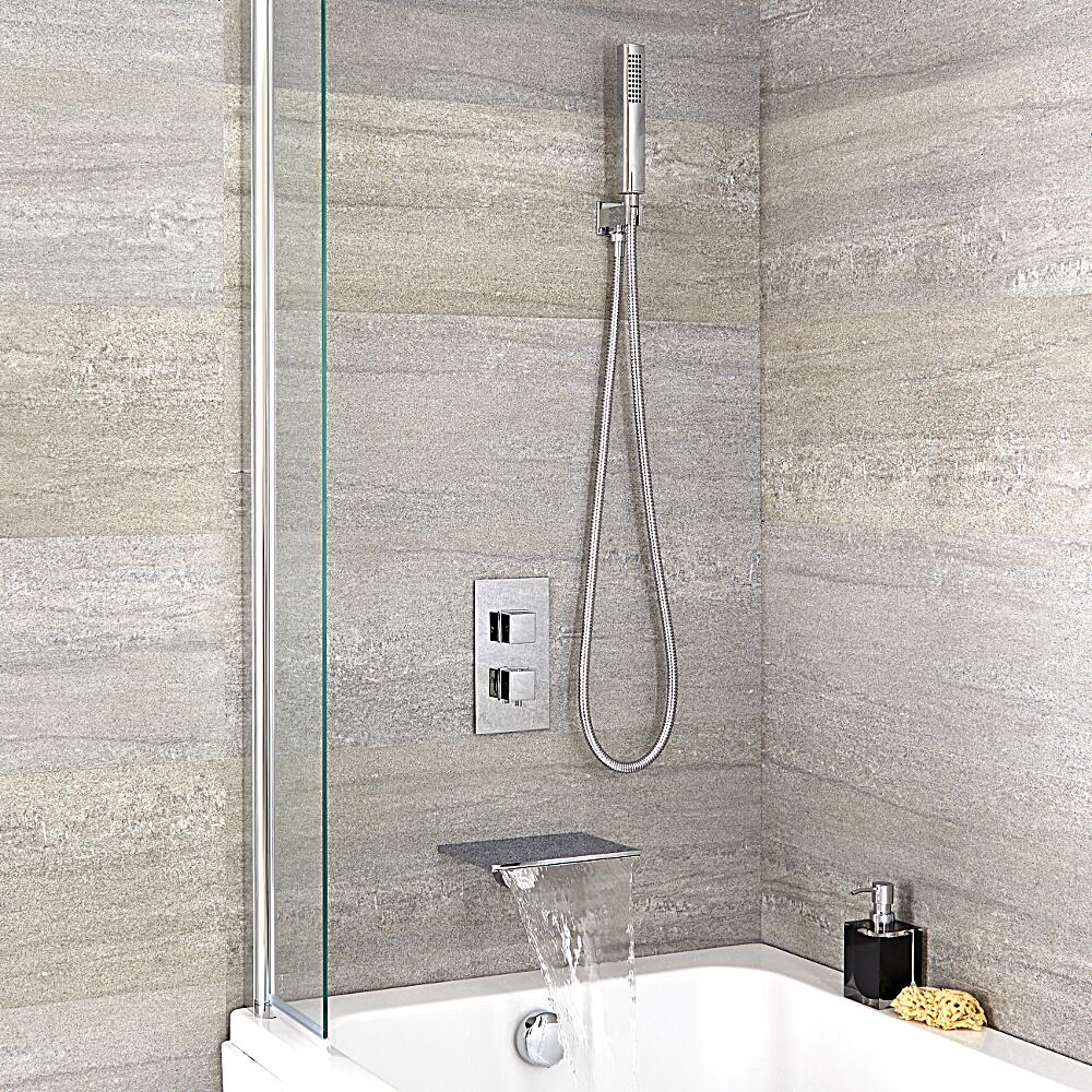 Conjunto de Ducha Termostático de 2 Funciones Cuadrado con Llenador de Bañera y Ducha de Mano - Arvo