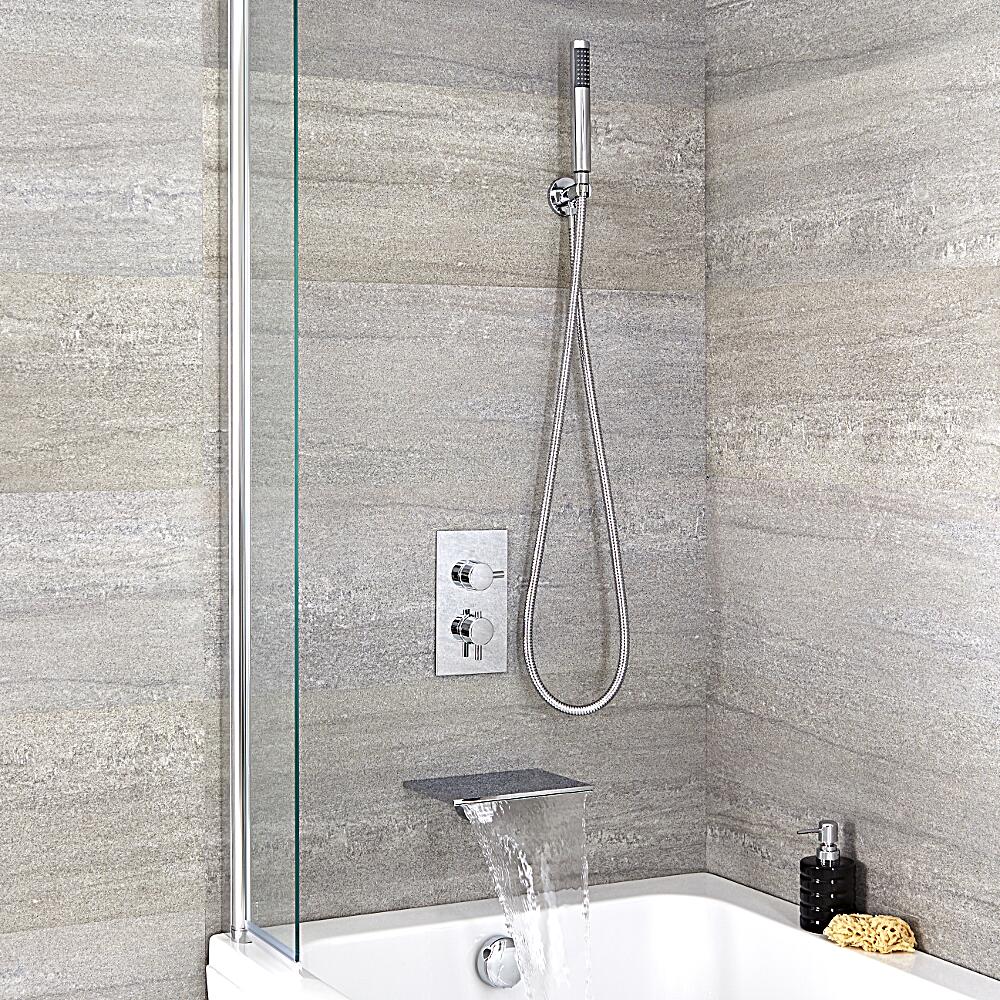 Conjunto de Ducha Termostático de 2 Funciones Redondo con Llenador de Bañera y Ducha de Mano - Como
