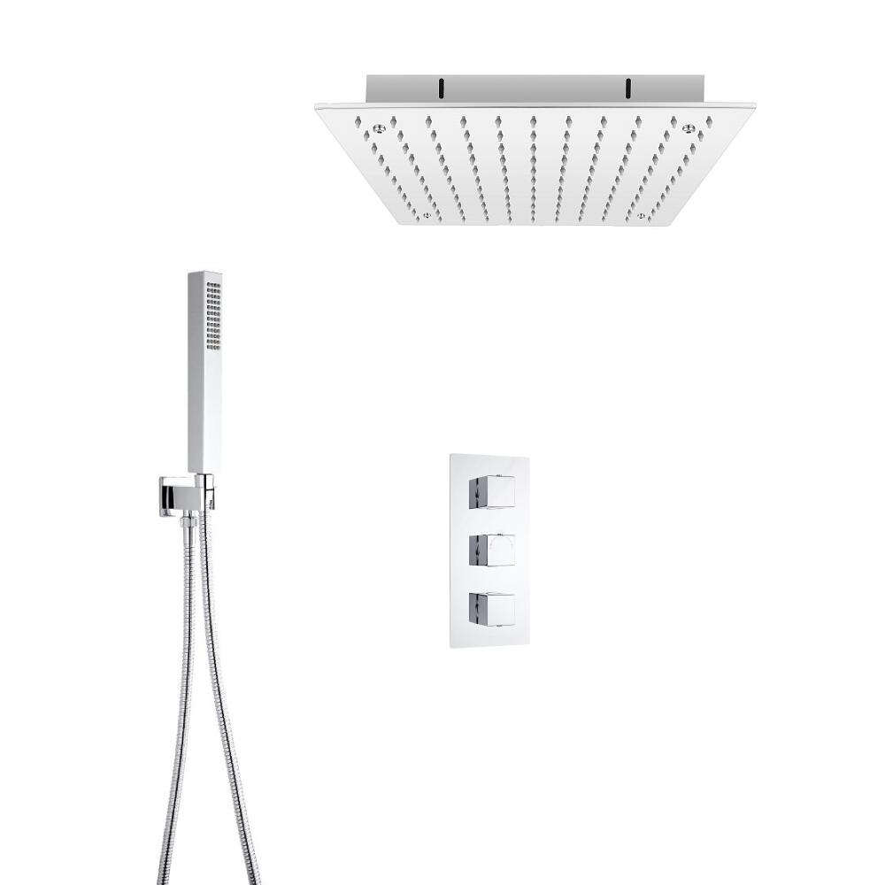 Conjunto de Ducha Termostático Triple de 2 Funciones con Alcachofa de Ducha Empotrable de 400mm y Ducha de Mano