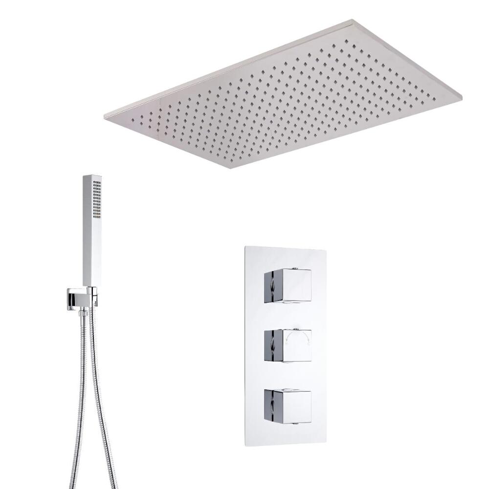 Conjunto de Ducha Termostático Triple de 2 Funciones con Alcachofa Empotrable de 800x500mm y Ducha de Mano