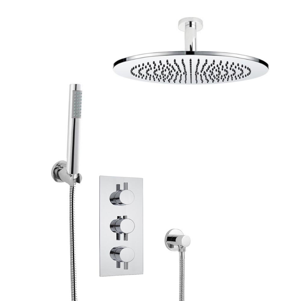 Conjunto de Ducha Termostático Redondo Triple de 2 Funciones con Alcachofa, Brazo de Ducha y Ducha de Mano