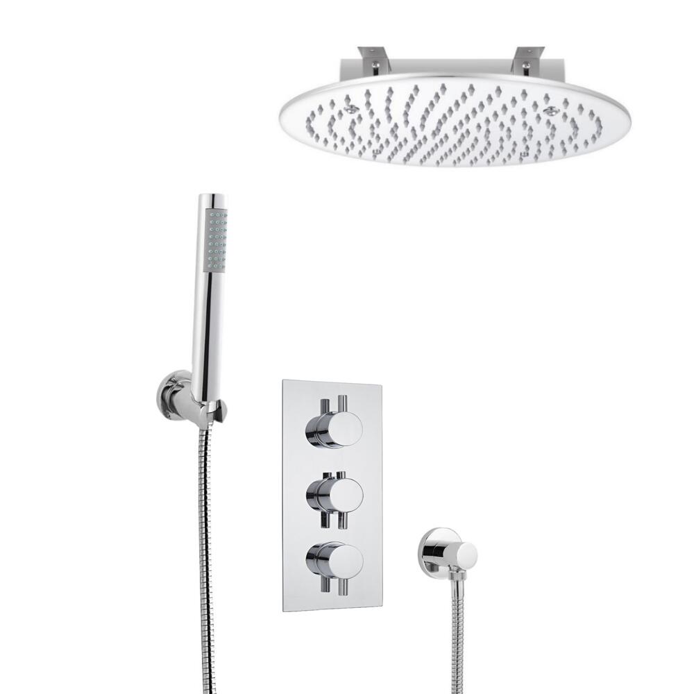 Conjunto de Ducha Termostático Redondo Triple de 2 Funciones con Alcachofa de 400mm Empotrable y Ducha de Mano