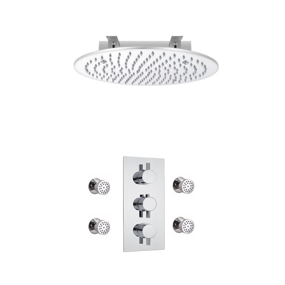 Conjunto de Ducha Termostático Redondo Triple de 2 Funciones con Alcachofa de 400mm Empotrable y Jets de Ducha