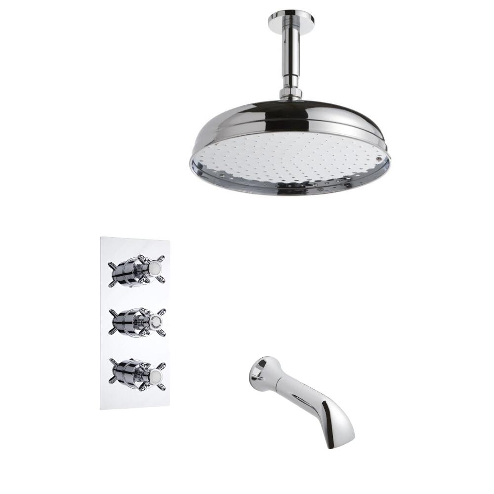 Conjunto de Ducha Termostático Tradicional Triple de 2 Funciones con Alcachofa de Ducha de 300mm con Brazo de Ducha de Techo y Llenador de Bañera