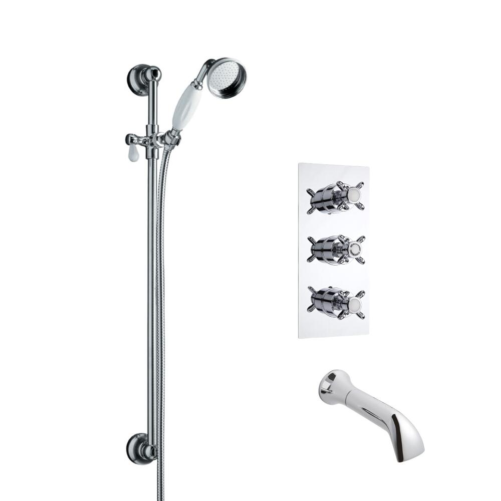 Conjunto de Ducha Termostático Tradicional Triple de 2 Funciones con Barra Deslizante con Ducha de Mano y Llenador de Bañera