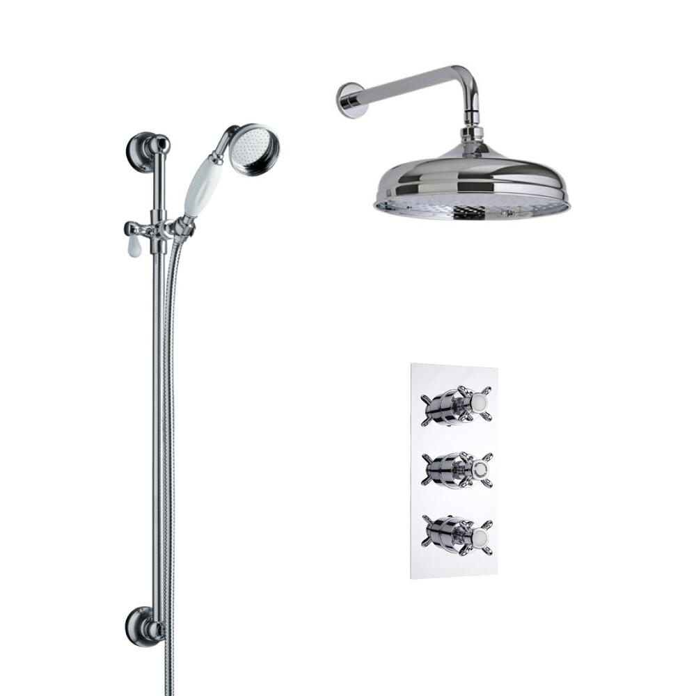 Conjunto de Ducha Termostático Tradicional Triple de 2 Funciones con Alcachofa de Ducha de 150mm, Brazo de Ducha y Barra de Ducha Deslizante con Telefonillo