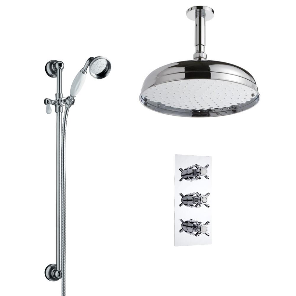 Conjunto de Ducha Termostático Tradicional Triple de 2 Funciones con Alcachofa de Ducha de 300mm, Brazo de Ducha y Barra de Ducha Deslizante con Telefonillo