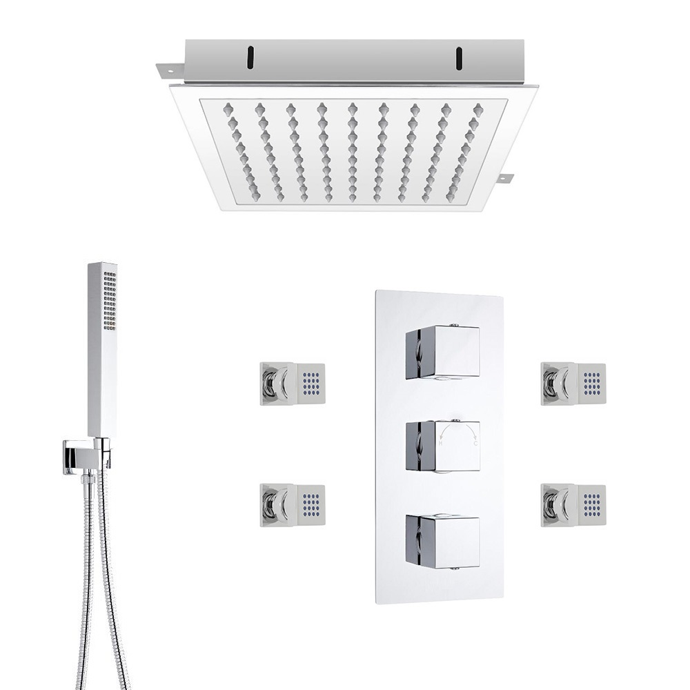 Conjunto de Ducha Termostático de 3 Funciones con Desviador, Alcachofa de Ducha de 280mm Empotrable, Jets y Ducha de Mano