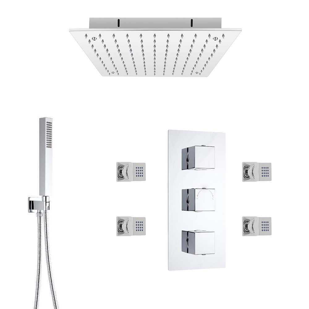 Conjunto de Ducha Termostático de 3 Funciones con Alcachofa de Ducha Empotrable de 400mm, Ducha de Mano y Jets de Ducha