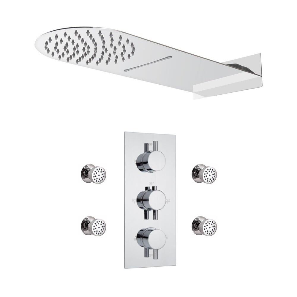 Conjunto de Ducha Termostático Triple de 3 Funciones con Jets de Ducha y Alcachofa Mural Efecto Lluvia y Cascada