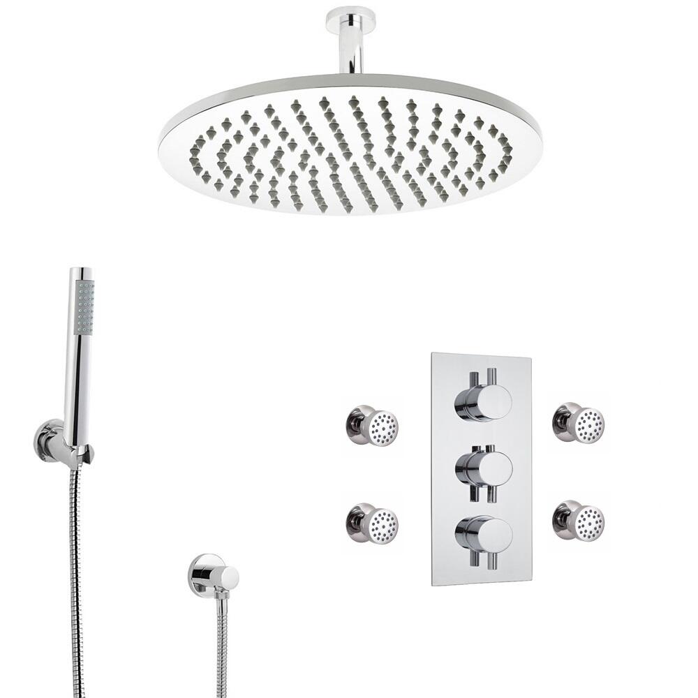 Conjunto de Ducha Termostático Redondo Triple de 3 Funciones con Alcachofa de Ducha de 300mm, Brazo de Ducha Jets Hidromasaje y Ducha de Mano