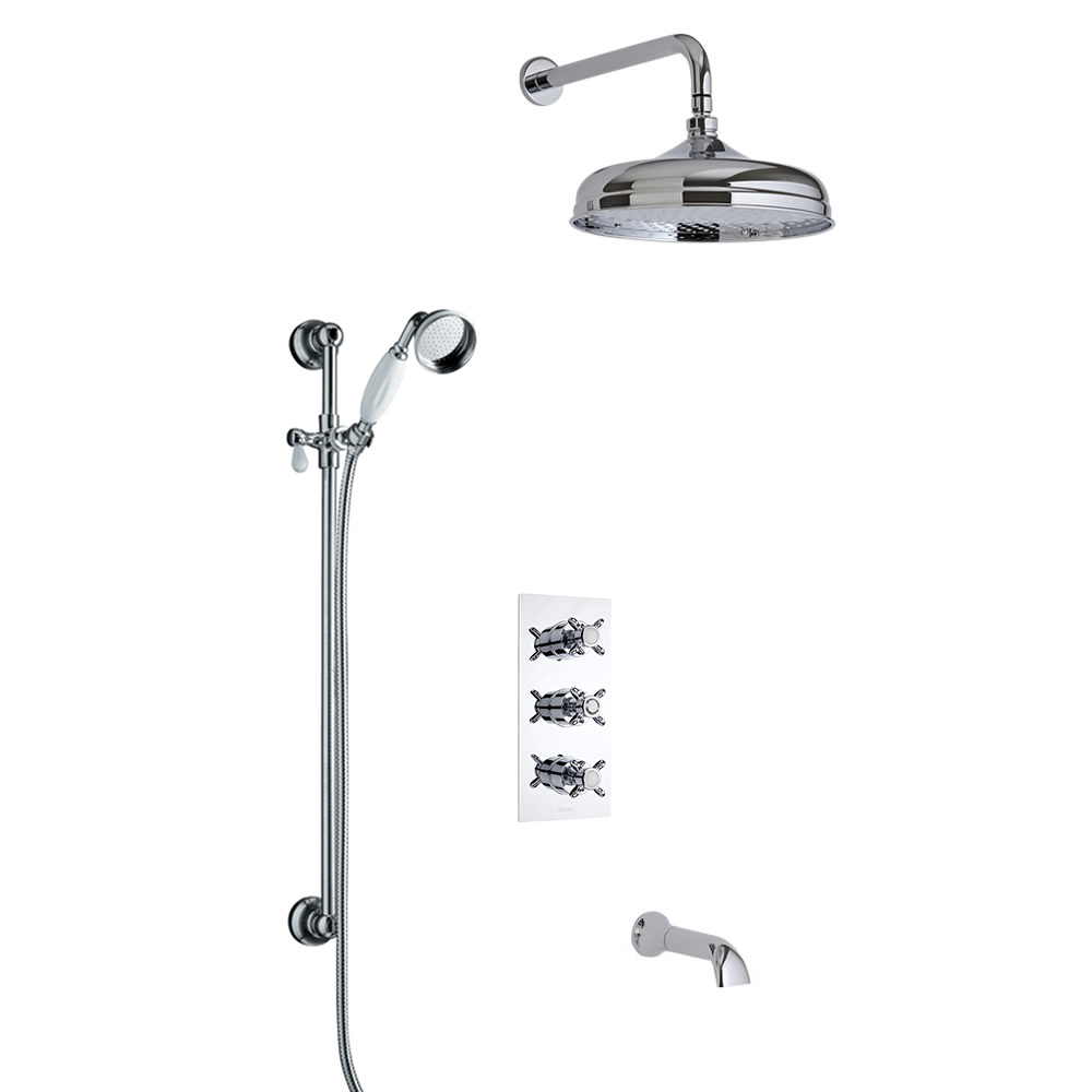Conjunto de Ducha Termostático Triple de 3 Funciones Tradicional con Alcachofa de Ducha de 150mm, Brazo de Ducha, Barra de Ducha Deslizante y Llenador de Bañera