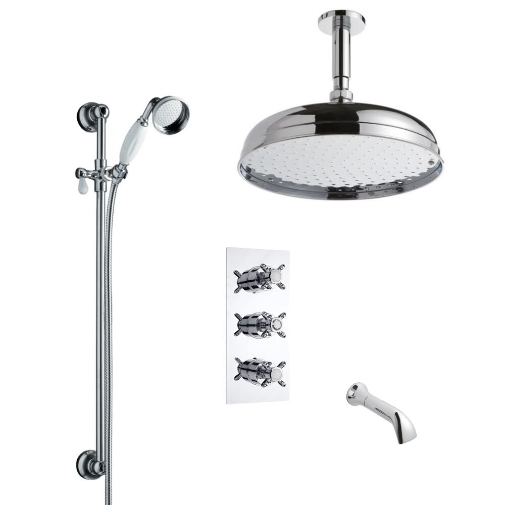 Conjunto de Ducha Termostático Triple de 3 Funciones Tradicional con Alcachofa de Ducha de 300mm, Brazo de Ducha, Barra de Ducha Deslizante y Llenador de Bañera