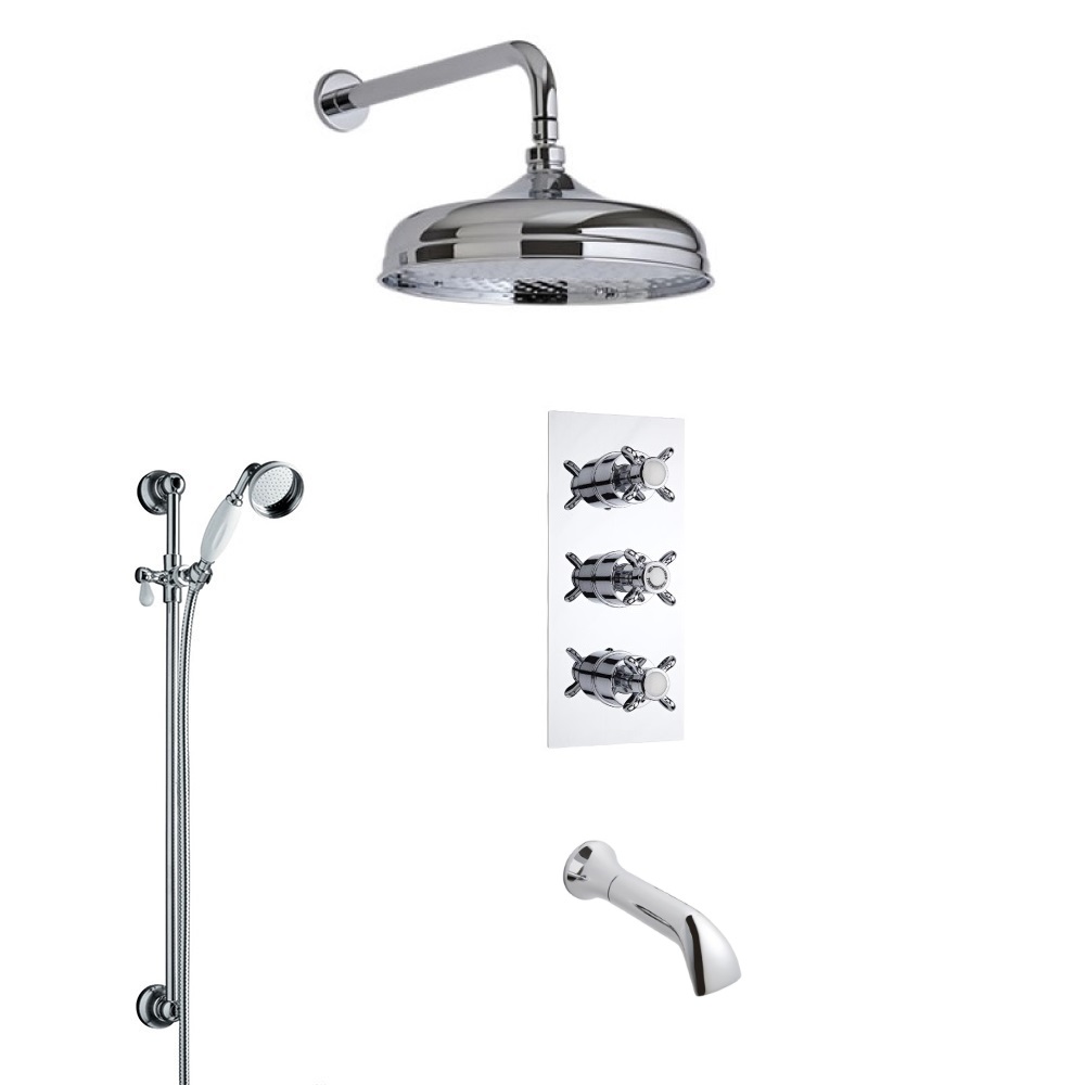 Conjunto de Ducha Termostático Triple de 3 Funciones Tradicional con Alcachofa de Ducha Redonda 200mm, Brazo de Ducha, Barra de Ducha Deslizante y Llenador de Bañera