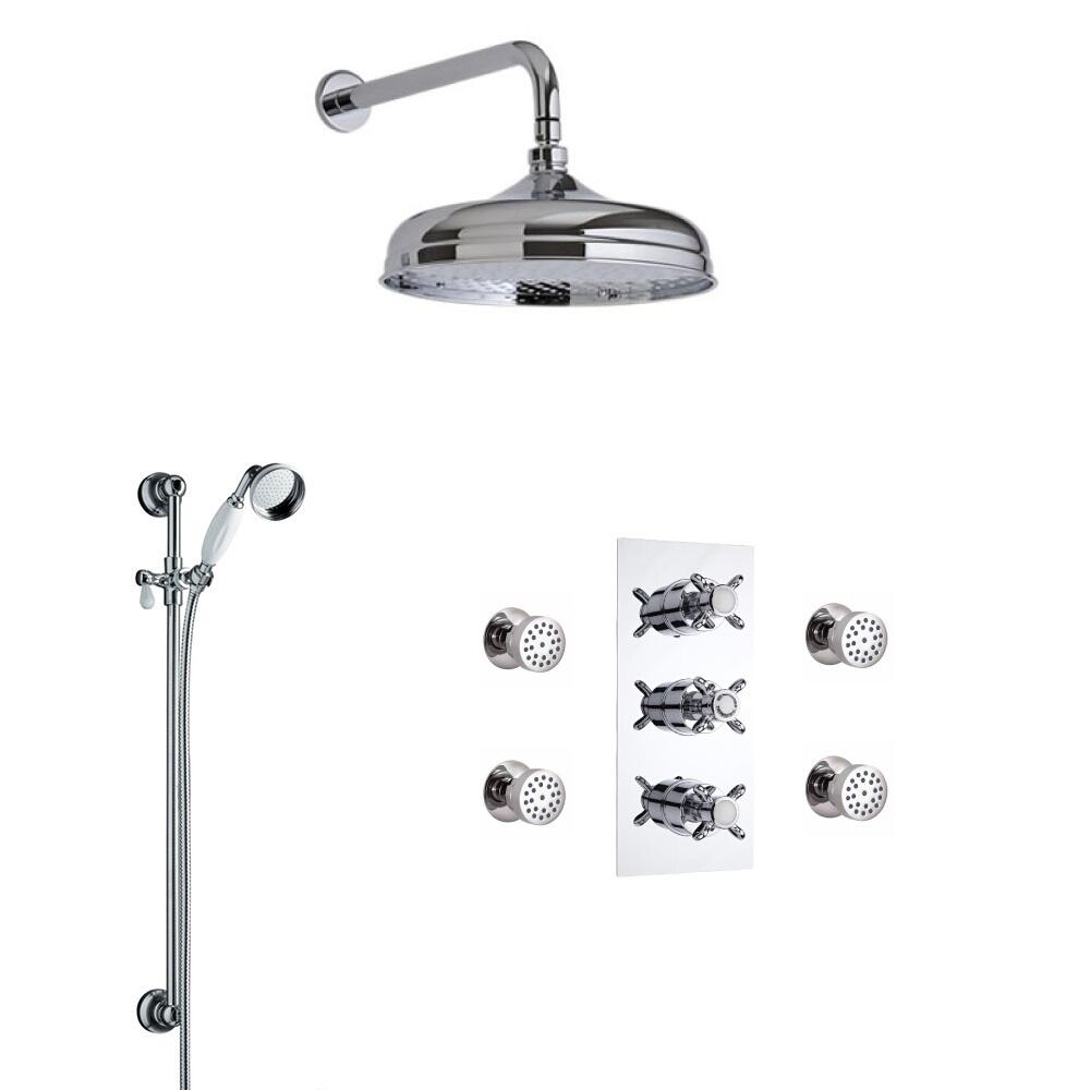 Conjunto de Ducha Termostático Triple de 3 Funciones Tradicional con Alcachofa de Ducha Redonda 150mm, Brazo de Ducha, Barra de Ducha Deslizante y Jets de Ducha