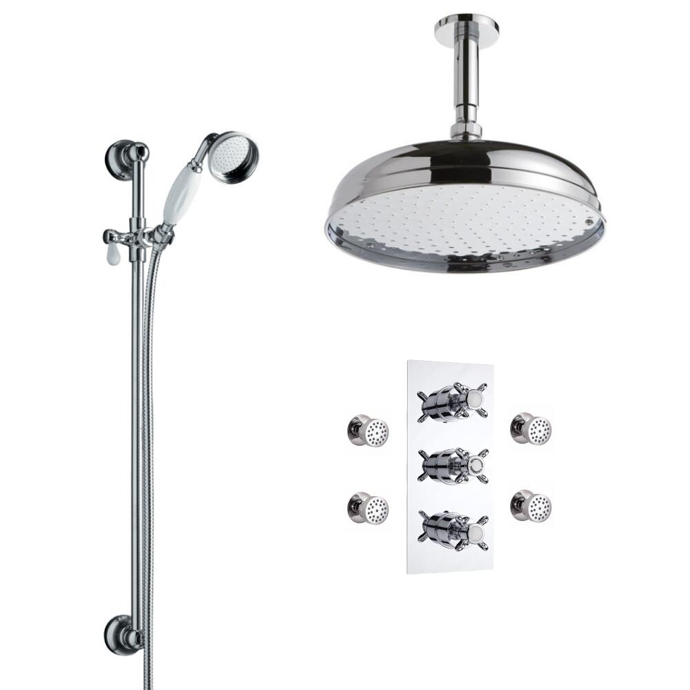 Conjunto de Ducha Termostático Triple de 3 Funciones Tradicional con Alcachofa de Ducha Redonda 300mm, Brazo de Ducha, Barra de Ducha Deslizante y Jets de Ducha