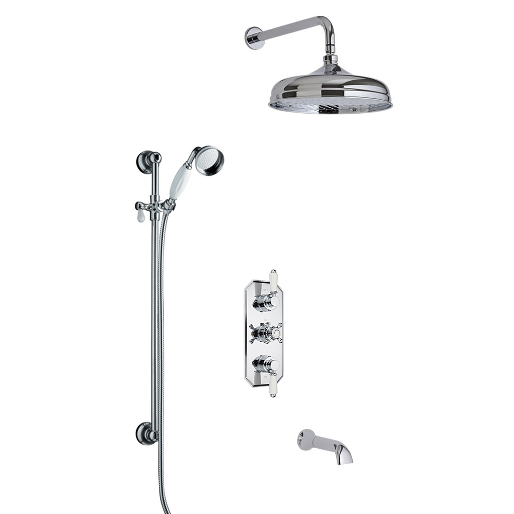 Conjunto de Ducha Termostático Tradicional Triple de 3 Funciones con Alcachofa de 150mm, Brazo de Ducha y Barra de Ducha Deslizante con Telefonillo y Llenador de Bañera