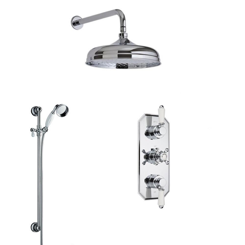 Conjunto de Ducha Termostático Tradicional Triple de 3 Funciones con Alcachofa de 200mm, Brazo de Ducha y Barra de Ducha Deslizante con Telefonillo y Llenador de Bañera